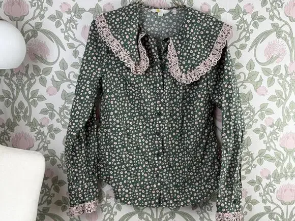 BODEN Green & Pink Floral Ruffle Statement Collar Long Sleeve Blouse - Size - 6 - Picture 10 of 10